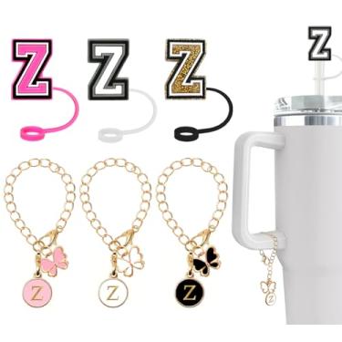 Imagem de (3 +3) Capa de canudo Nuozme compatível com copo Stanley Tumbler 3 peças de tampas de palha com letras com 3 pingentes de borboleta inicial Nome ID para Stanley Copo de 30 e 1,134 g