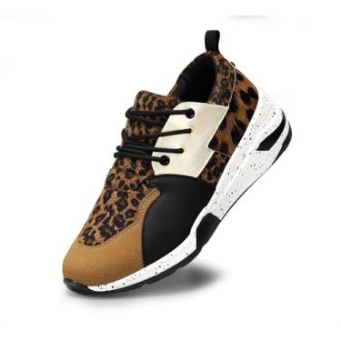 Imagem de LUCKY STEP Tênis feminino de salto alto, plataforma, estilo cliff, retrô, com cadarço, casual, Oncinha marrom, 36