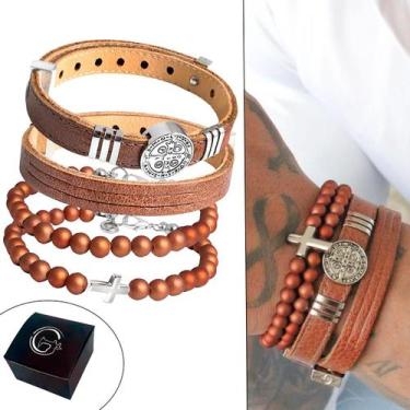 Imagem de Kit/Mix Pulseiras Couro São Bento Cruz Fé Pedras Bolinha Top Marrom - 