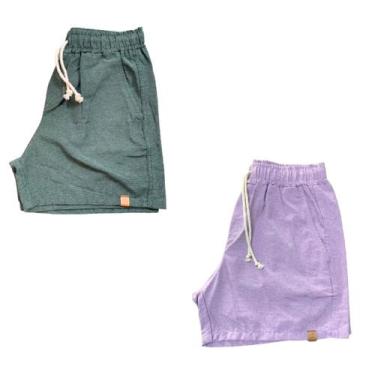 Imagem de Kit 2 Shorts Mauricinho Fio Tinto Linho 3 Bolsos - C&C, Verde militar,