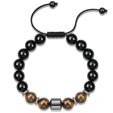 Imagem de ilasif Pulseiras de contas de proteção tripla feitas à mão de 10 mm para homens: olho de tigre e pedras obsidiana pretas com carteira gravada, presente de aniversário para pai, ótimo presente de dia