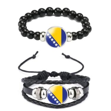 Imagem de Ykonuyis Pulseira de corda elástica de metal com contas pretas e pulseira de corda trançada de couro de liga para homens e mulheres apoia o seu país, Medium, Zinco, Vidro