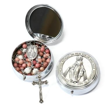 Imagem de Nazareth Store Rosário rosa aventurina azul lápis-lazúli colar pedra howlita branca contas misteriosas medalha milagrosa caixa de metal de Santa Maria, Pedra, aventurina rosa
