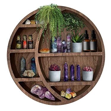 Imagem de Prateleira de lua flutuante de madeira para decoração de parede – Prateleira decorativa para pendurar em casa Boho para quarto, dormitório, berçário – Armazenamento fácil para cristais e óleos essenciais – 35,5 x 35,5 cm (marrom)