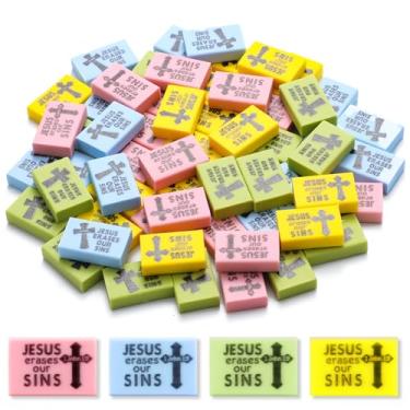 Imagem de Dunzoom 100 peças de borracha cristã para crianças a granel pequena Bíblia religiosa pastel Jesus apaga nossos pecados borracha para igreja material escolar dominical