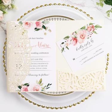 Imagem de Kit de convite de casamento com dobra tripla marfim, 50 peças, convites de corte a laser rosa com envelope cartão Rsvp 250GSM inserções de papel pérola em branco para aniversário de quinze anos de