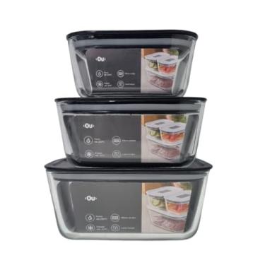 Imagem de Kit 3pçs Pote de Vidro Com Tampa Hermética Refratário Prático Multiuso Forno Assadeira Air Fryer Geladeira Marmita - OU
