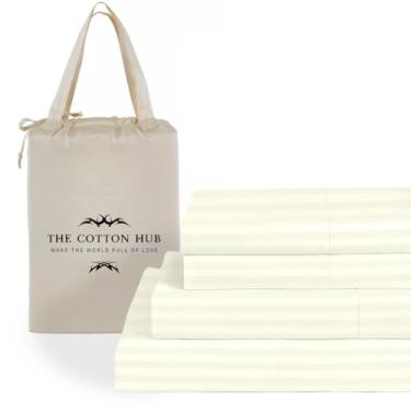 Imagem de Jogo de cama Queen Size de 4 peças, 600 fios, algodão pima peruano, cabe até 45 a 53 cm de profundidade (listras, marfim)