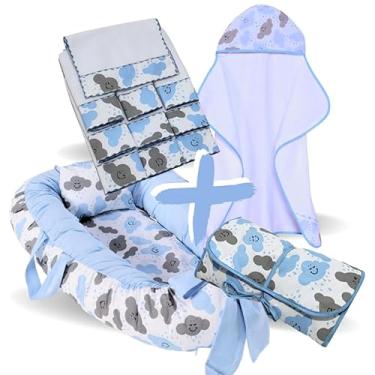 Imagem de Kit Completo Bebê – Toalha de Banho Forrada, Ninho Redutor de Berço, 6 Toalhas de Ombro e Trocador Portátil (Nuvem Azul)