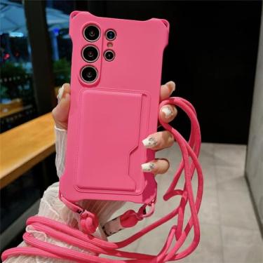 Imagem de Colar crossbody corda silicone macio bolsa de cartão capa de telefone para Samsung S24 Ultra S23 S22 FE A54 5G A53 capa de carteira com suporte de cartão, rosa vermelha, para Samsung S22Ultr