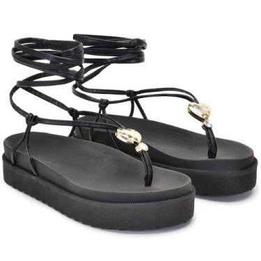 Imagem de Sandália Rasteira Feminina Amarrar Papete Plataforma Tiras Longas Cora