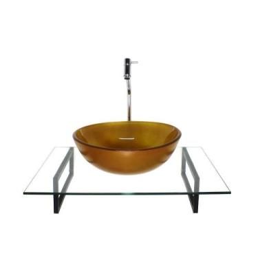 Imagem de Kit Cuba Vidro Redonda Dourado Real Tampo 60Cm Incolor E - Cubas E Gab