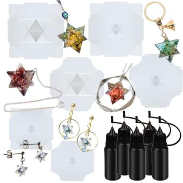 Imagem de Molde de silicone geométrico de pedras de chacra Merkaba 3D com 5 frascos aplicadores de ponta de precisão, pacote com 8 pingentes de colar de cristal de cura artesanal, sabão, fabricação de joias epóxi