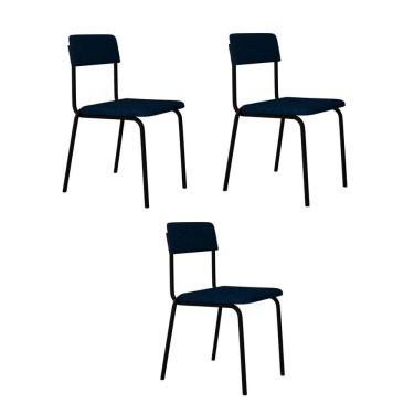 Imagem de Conjunto 3 Cadeiras Estofadas Fixa Empilhável Fit Azul Corriente / Preto Fosco MT