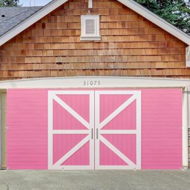 Imagem de Capa de porta de celeiro rosa para decoração de porta de garagem pano de fundo 2,1 x 4,9 m grande porta de celeiro de madeira fazenda garagem fundo tema país exterior festa de aniversário chá de bebê