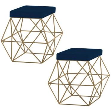 Imagem de Kit 2 Puffs Decorativo Sala de Estar Base Gold Trixie Veludo Azul G41 