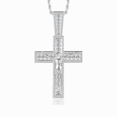 Imagem de TRIPOD JEWELRY Colar de crucifixo masculino feminino Jesus cruz corrente baguete gelado ouro branco real / pingente cristão banhado a ouro 18K / ouro rosa (fecho largo: comprimento 17 mm largura 7,5 mm, corrente de corda banhada a ouro de 3 mm 61 cm)., Cobre, Zircônia cúbica