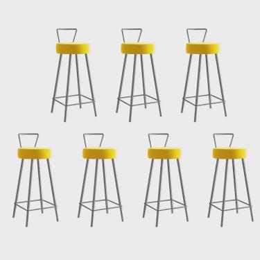 Imagem de Kit 07 Banqueta Alta Com Encosto Tais Eiffel Cozinha Bar Bistrô Ferro Cinza Sintético Amarelo - Ahz Móveis