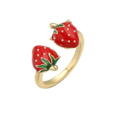 Imagem de Anel aberto ajustável de morango duplo para mulheres, fofo, banhado a ouro 14 k, fruta vermelha, esmalte, adorável alimento doce, frutas, noivado, casamento, declaração de dedo, joia exclusiva da moda