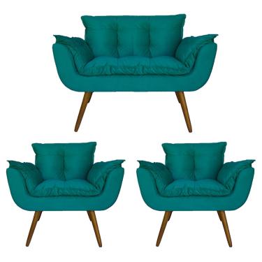 Imagem de Combo Namoradeira e 2 Poltronas Estofadas Salão de Beleza Opala Suede Azul Turquesa - dl Decor