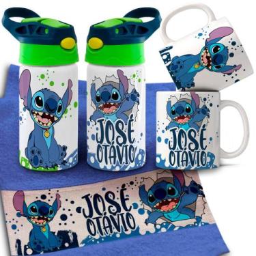 Imagem de Kit Voltas As Aulas Caneca de Plástico Squeeze E Toalhinha Stitch Com 