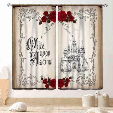 Imagem de Cortinas Once Upon a Time, Castelo Antigo Mágico Princesa Rosa Vermelha Floral Retrô Vintage Fada Sonhando Janela Tratamentos para Meninas Mulher Sala de Estar Quarto Banheiro 2 Painéis, 107 cm x 114