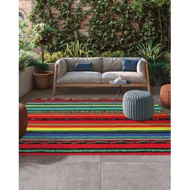 Imagem de Tapete para área interna e externa com listras coloridas do México, 10 x 15 cm, tapete externo para pátio, trailer, quintal, piquenique, praia, trailer, acampamento, arte nacional, antiderrapante