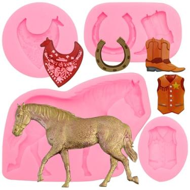 Imagem de Molde de silicone da série cowboy, 4 peças, moldes de topo de bolo para botas de ferradura, roupas jeans, molde de fondant de cavalo para decoração de bolo de chocolate, bolo de doces, artesanato de