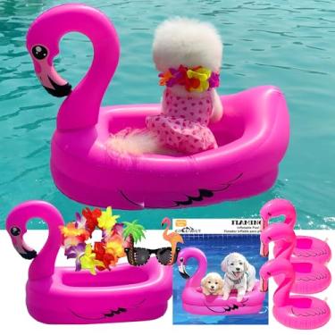 Imagem de Boia de piscina para cães, boias infláveis engraçadas 6 em 1 para piscina, jangada para cães pequenos, filhotes e cachorros, flamingo rosa