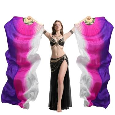 Imagem de Nimiman 1 par de leques femininos (esquerda + direita) de seda para fãs de dança do ventre véu de dança do ventre longos dobráveis comprimento 180 cm largura 90 cm (roxo vertical rosa rosa)