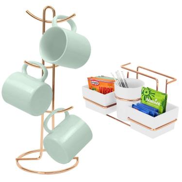 Imagem de Kit Porta Sachê Suporte Organizador Porta Xícaras Café Bancada Cozinha Rose Gold - Future