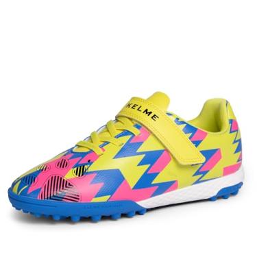 Imagem de KELME Chuteiras de futebol infantil, tênis de futsal de malha respirável, turn-lock, tênis de beisebol e softball, para meninos e meninas, Amarelo/azul royal, 16