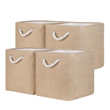 Imagem de Temary Cestas de armazenamento para prateleiras, cestas de 33 cm para presentes vazias, pacote com 4 cestas decorativas de armazenamento, cubos dobráveis com alças para armazenamento (amarelo linho)