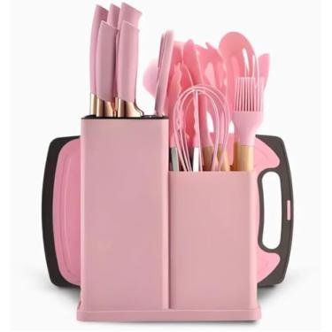 Imagem de Utensilios para Cozinha Silicone Kit com 19 Peças Cabo Madeira Conjunto Completo Espátula Concha Colher Jogo Suporte Faca Antiaderente Tabua Tesoura Faqueiro (rosa)