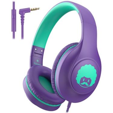 Imagem de rockpapa C24 Fones de ouvido infantis com microfone, fone de ouvido leve e dobrável com cabo de 3,5 mm para meninos e meninas, jovens, fone de ouvido estéreo com fio para viagem escolar, roxo e verde