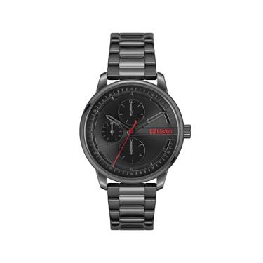Imagem de HUGO Relógio masculino multifuncional de quartzo #Stamp, aço inoxidável, resistente à água até 3 ATM/30 metros, relógio clássico para o dia a dia, presente para ele, 44 mm, Preto