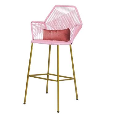 Imagem de Banqueta Alta Sttar Ferro Dourado Fibra Rosa Bebê Almofada Suede Rose Gold - Amey Decor