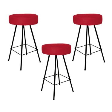 Imagem de Kit 03 Banqueta Alta Laisa Industrial Redonda Ferro Preto Sintético Vermelho