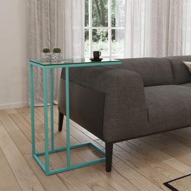 Imagem de Mesa Lateral Industrial Elena De Vidro Base Ferro Azul Turquesa - Cor: Branco