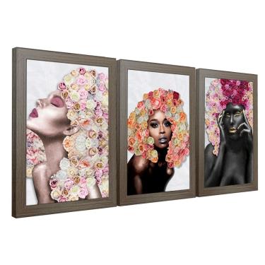 Imagem de Kit 3 Quadros Decorativos 20X30 Mulheres Rosto Flores Rosas Titulo Moldura Madeira
