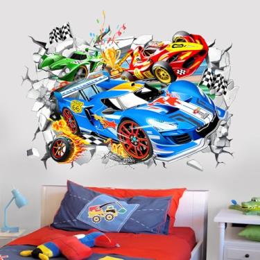 Imagem de wondever Adesivos de parede de carro de corrida 3D grandes veículos quebram e cole decalques de arte de parede para quarto de meninos e crianças sala de jogos
