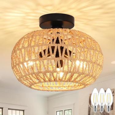 Imagem de AyshwillDec Luminária De Teto Vime 11,8" Com 3 Luzes, Estilo Boho, Semi-Embutida, Perto Vime, Para Cozinha, Hall Entrada Fazenda