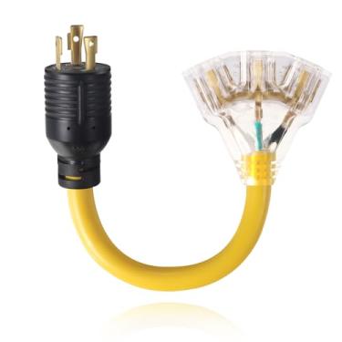 Imagem de FiiMan Adaptador De Gerador 30 A 15 Amperes/20 110 V Com Trava, Cabo Alimentação Nema L5-30P Macho 3X 5-15R/5-20R Fêmea, Lâmina Em T, Extensão Tomadas Domésticas 10 Awg 1 Pé (L5-30P/3X5-15R)