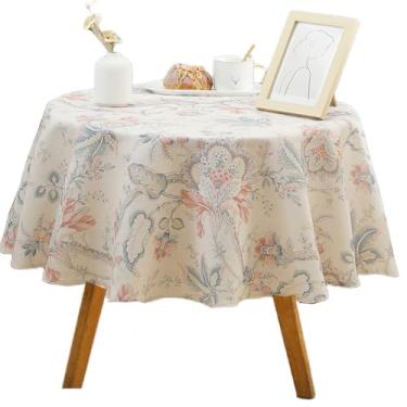 Imagem de Qubjus Toalha de mesa redonda floral de linho – Capa de mesa lavável em tecido de linho estampado rústico para decoração de casa (floral vermelha, redonda - 139 cm)