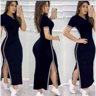 Imagem de Vestido manga curta feminino malha canelada longo com faixa listrada e