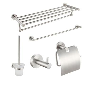 Imagem de Kit de banheiro de níquel escovado - Toalheiro de aço inoxidável - Suporte para papel higiênico - Conjunto, conjunto de cinco peças