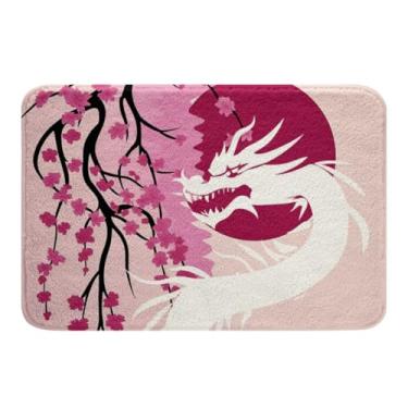 Imagem de Erosebridal Tapete de porta japonês Ukiyo-E Sakura Dragon Tapete de banho antiderrapante 50 cm x 81 cm Tapete de banheiro mágico animal selvagem para crianças, meninos, meninas, rosa aquarela flores