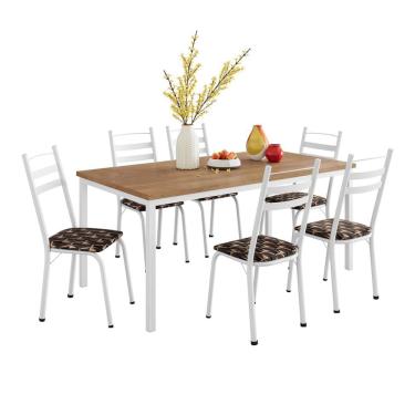 Imagem de Conjunto de Mesa Retangular com Tampo de MDP Amadeirado e 6 Cadeiras Adriana III Revestimento Sintético Palha e Branco