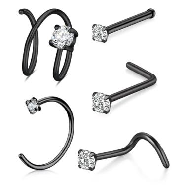Imagem de TOKRING Anéis de nariz pretos para mulheres 20G piercings de nariz joias de aço inoxidável hipoalergênico piercing de narina joias 5 peças