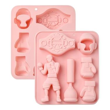 Imagem de UR URLIFEHALL 2 peças de moldes de silicone com tema de boxe, luva de boxe, formas de chocolate em forma de capacete para decoração de bolos, geleia, doces, biscoitos, artesanato